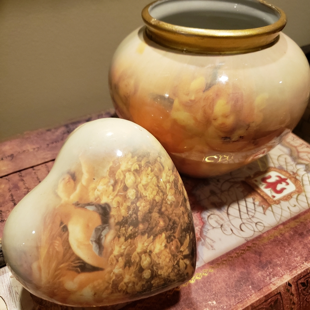 Cherub decoupage vase and trinket box.